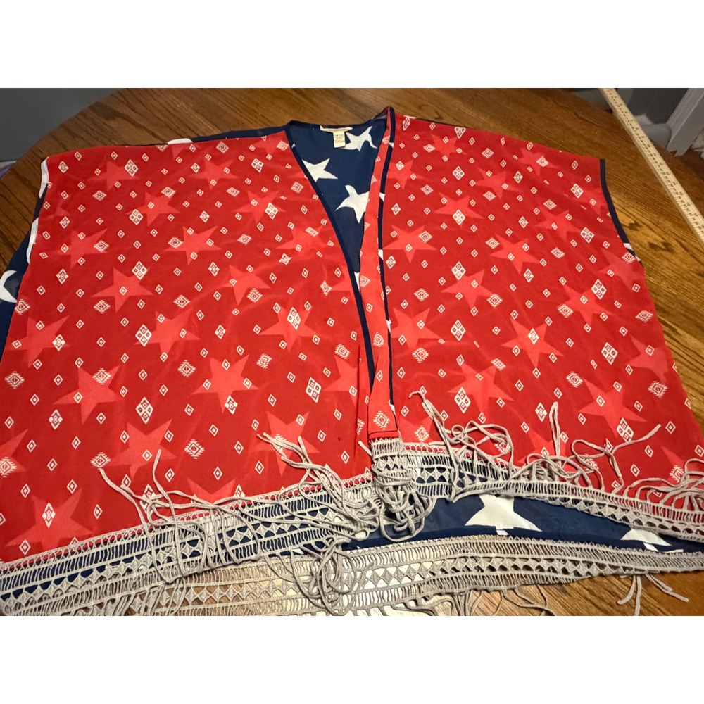 Bit & Bridle Patriotic American Flag Kimono Wrap Fringe Red White Blue OS